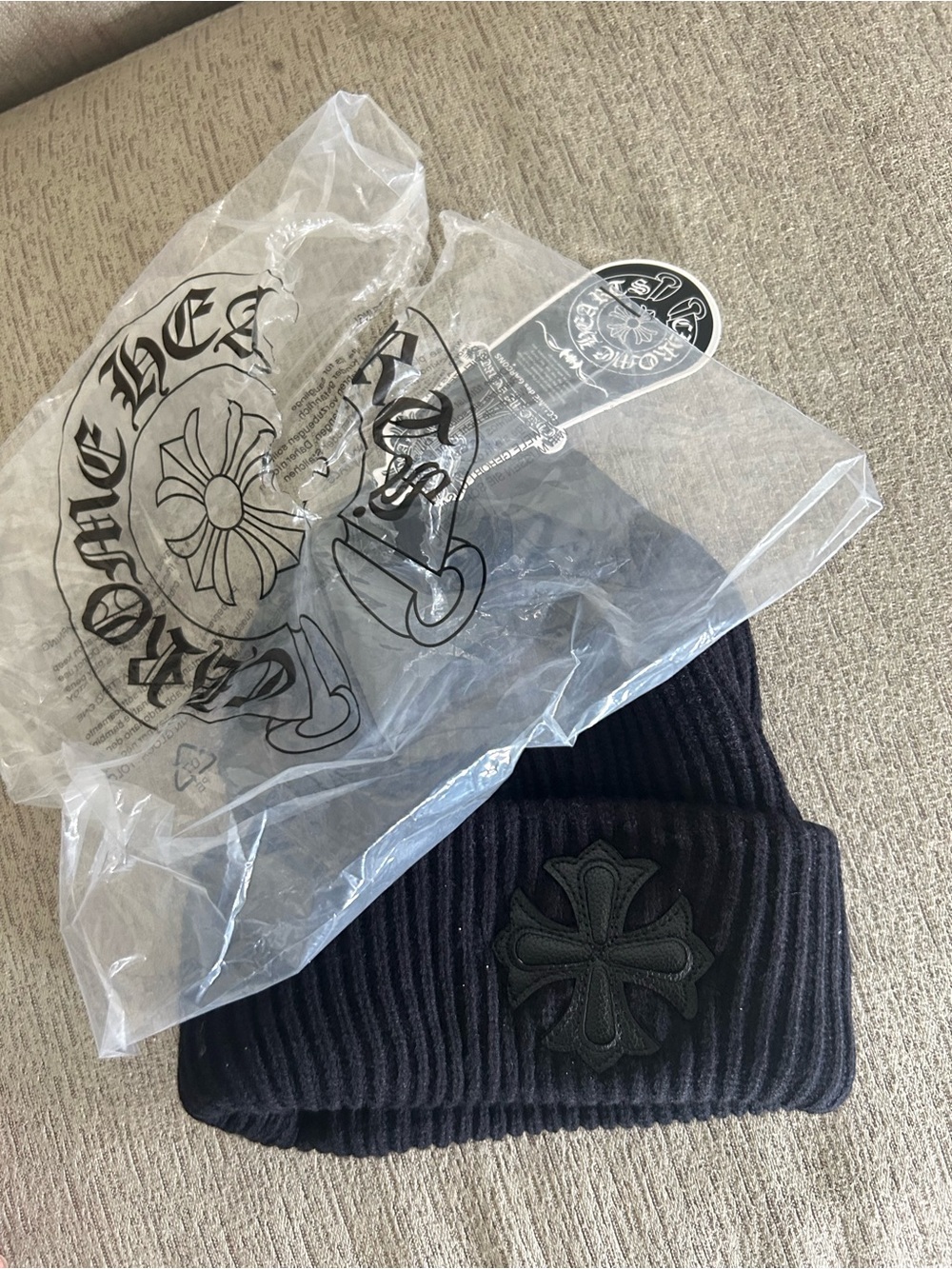 Chrome Hearts Black Rib-Knit Beanie with Leather Cross Emblem brand new